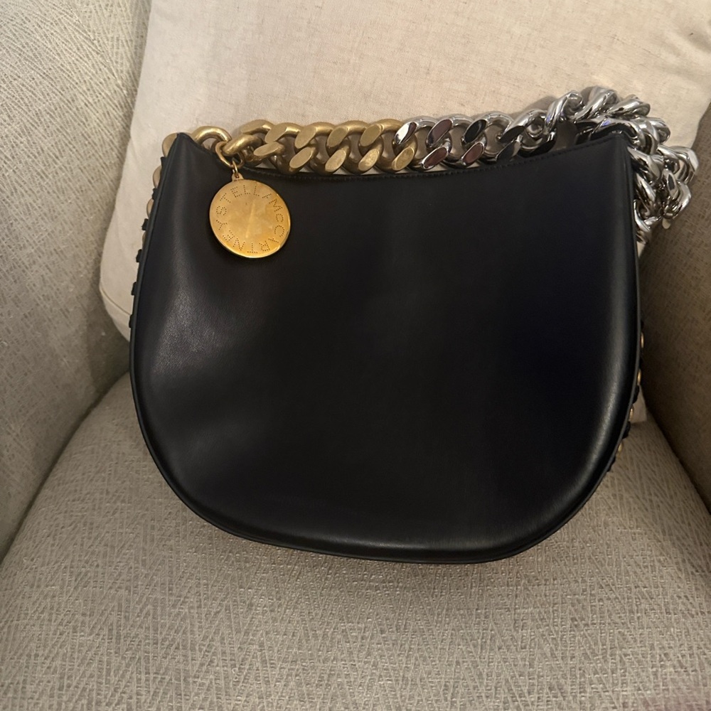 Stella McCartney Frayme Black Shoulder Bag with Gold and Silver Chain